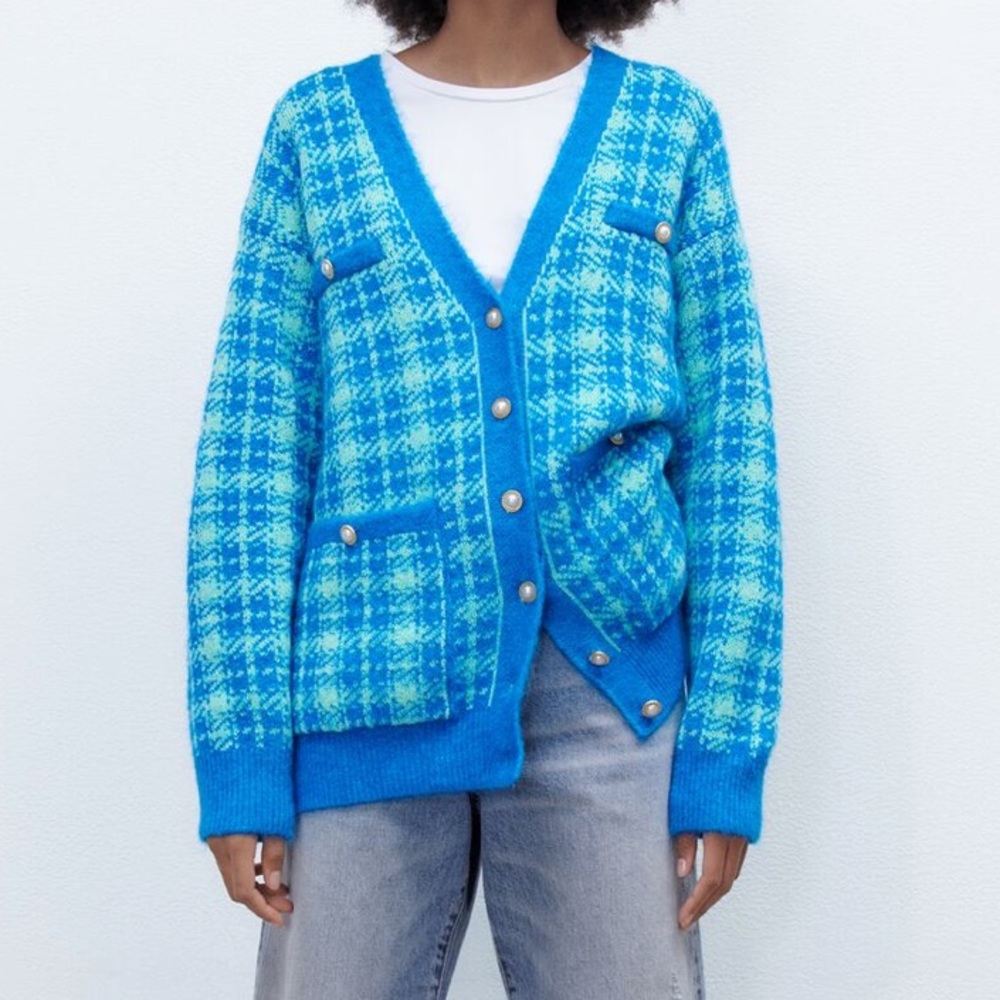 New Zara Blue Plaid Knit Long Cardigan/Jacket - Picture 7 of 7